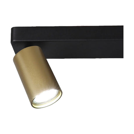 Sal 2 Light GU10 Linear Spotlight, close-up of one satin gold cylindrical head with a lit bulb, mounted on a matt black linear ceiling plate.
