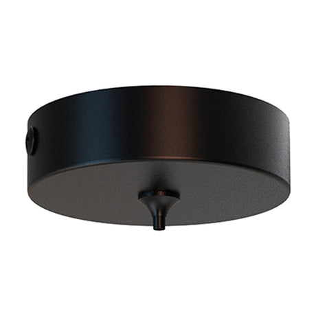 Elsa Round Canopy Kit 10cm in black, a shallow round ceiling plate with a central flex outlet and side cable entry, shown on a plain white background.