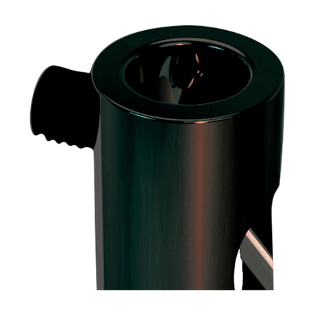 Close-up of the Elsa Wire Locker 15mm cable grip in black, a compact metal cylinder with a ribbed side grip and central cord channel, shown against a white background.