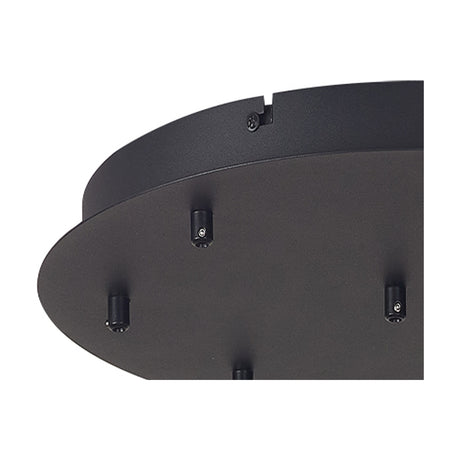 Close-up of the Tonic Round Canopy Kit 40cm in black, a round metal ceiling canopy with multiple cable outlets and visible fixing screws, shown on a white background.