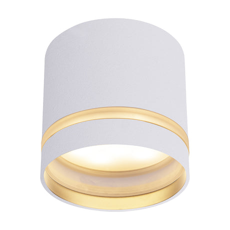 Split GX53 Spotlight 84mm in white, a small cylindrical surface-mounted downlight with an aluminium body and gold-toned inner ring, shown on a plain background.
