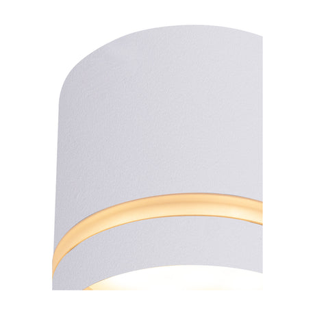 Close-up of the Split GX53 Spotlight 84mm in white, showing its curved cylindrical aluminium body with a visible light gap revealing the warm glow within.