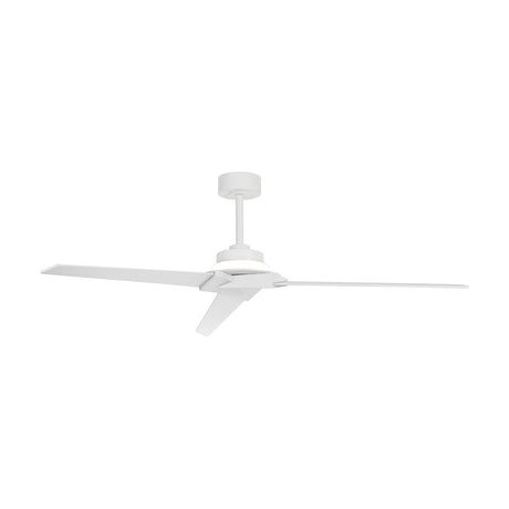 White ceiling fan with integrated LED light, three angular blades spanning 1.75m, central round fitting with soft glow, shown on a plain white background.