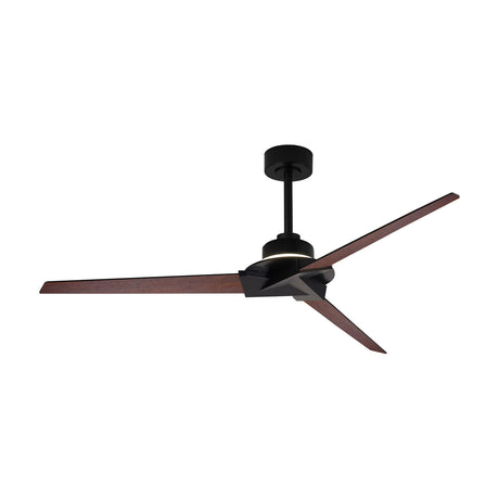 Brisa Wood Ceiling Fan with Light, three wood-tone blades on a black housing with an integrated LED light and downrod mount, shown on a plain white background.