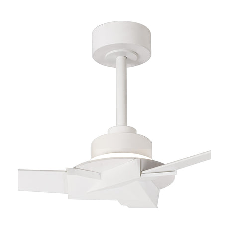 Brisa ceiling fan with integrated LED light in white finish, showing angular blade design, central white motor housing, and straight ceiling rod mount, on a plain white background.