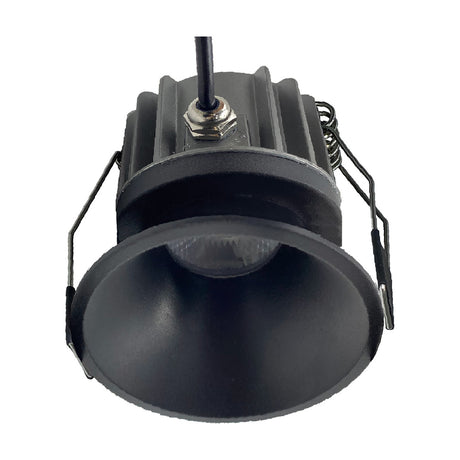 Rombok 8W LED downlight in black aluminium, showing the round recessed housing, integrated driver, spring clips and cable connector, 55mm cut-out, on a white background.