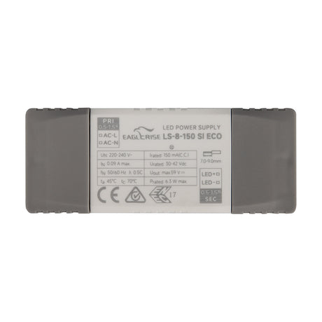 Sunset 6.3W LED Driver, a rectangular grey and white LED power supply unit with printed specifications, terminal markings, and mounting tabs, shown on a plain white background.
