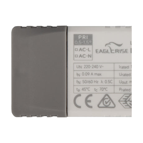 Close-up of the Sunset 6.3W LED Driver, a white rectangular unit with grey end caps showing printed specification labels, CE mark and terminal markings on a plain background.