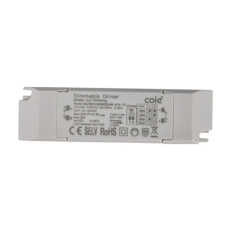 Sunset 8W LED Driver 11.5cm in white, a rectangular dimmable phase-cut driver with DIP switch settings and terminal connectors, shown on a plain white background.