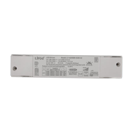 Sunset 8.4W LED Driver, rectangular white casing with mounting holes and printed specification label, shown on a plain white background.