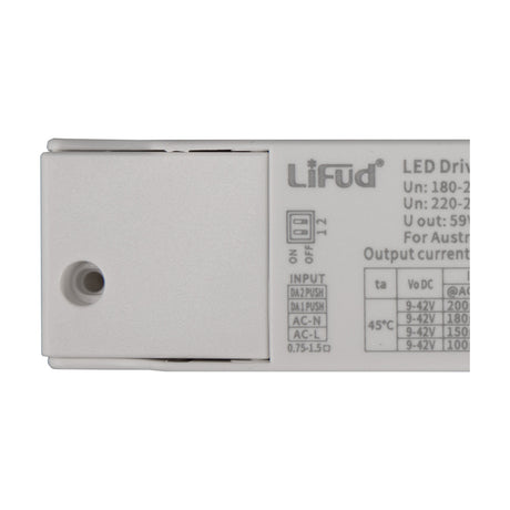 Close-up of the Sunset 8.4W LED Driver in white plastic casing, showing input terminals, DALI/push dimming switch, and output specification label.