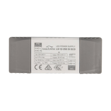 Sunset 10.5W LED Driver, rectangular white plastic power supply with grey end caps and printed specification label, shown on a plain white background.
