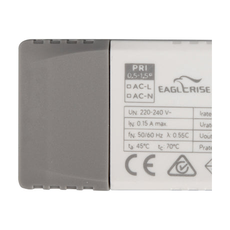 Close-up of the Sunset 10.5W LED Driver, a compact white unit with grey end cap showing printed specification label, terminals, and CE marking.
