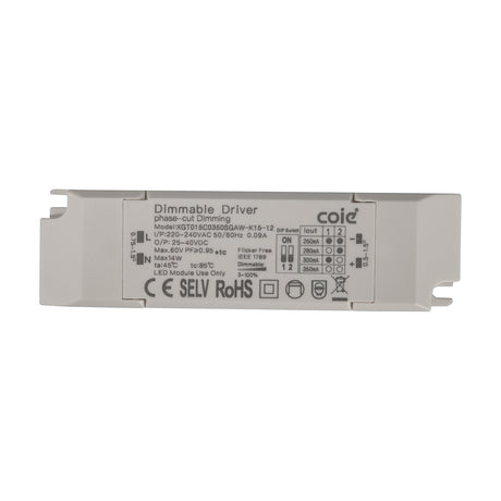 Sunset 14W LED Driver in white plastic casing with DIP switch dimming settings and wiring terminals, shown on a plain white background.