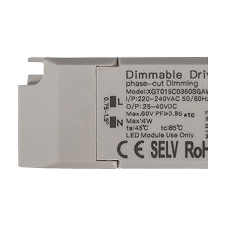 Close-up of the Sunset 14W LED Driver in white casing, showing L/N terminals and printed specifications for phase-cut dimming, 220-240VAC input, on a plain background.