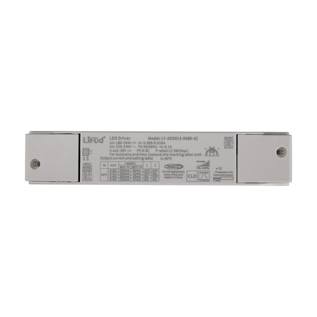 Sunset Driver 10W LED Driver in white, a slim rectangular aluminium control unit with printed specification label and mounting holes, shown on a plain background.