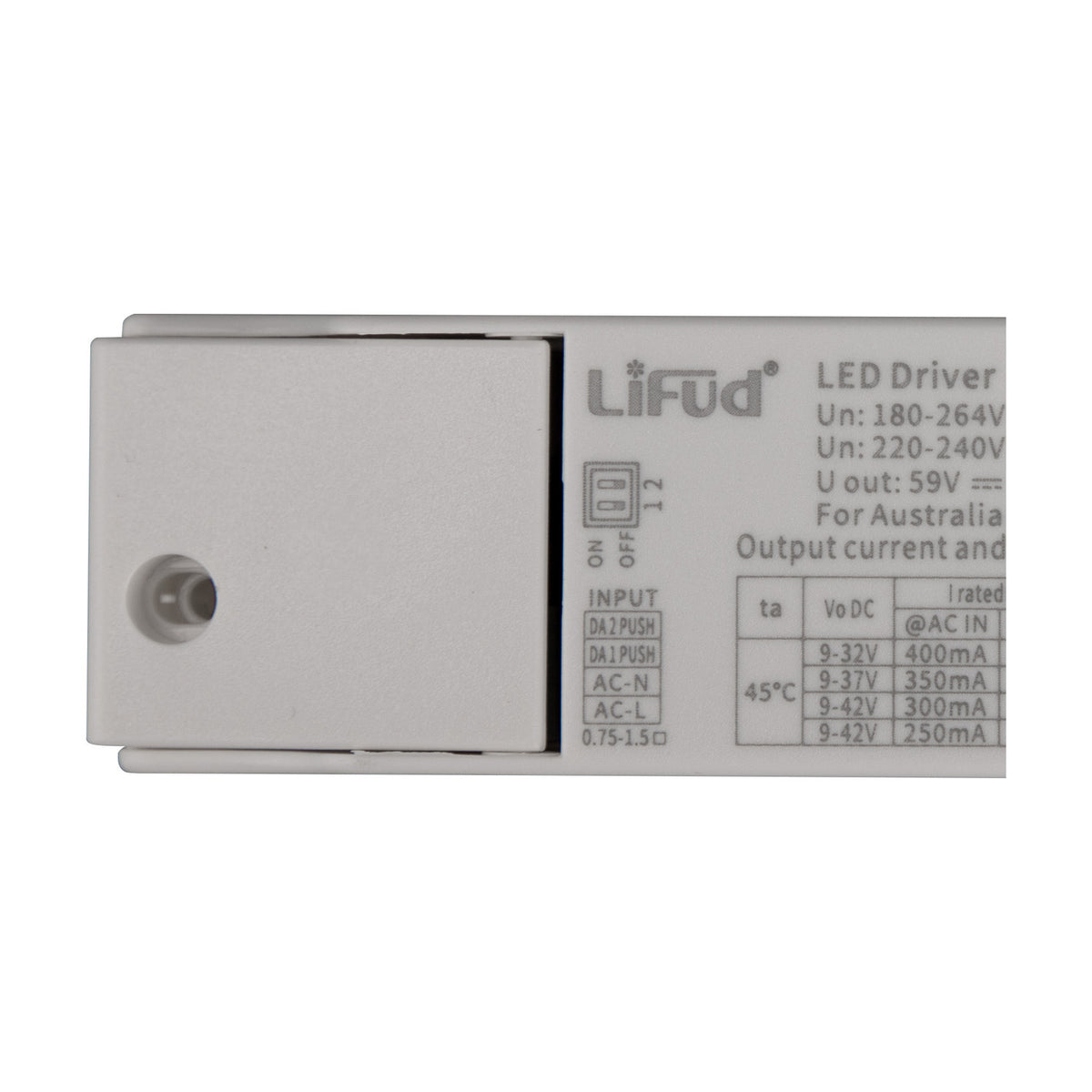 LiFud LED Driver in white plastic casing, close-up of DALI/push dimming DIP switches, input terminals, and output current specification table on a plain background.