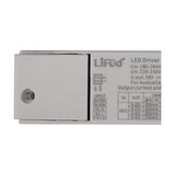 LiFud LED Driver in white plastic casing, close-up of DALI/push dimming DIP switches, input terminals, and output current specification table on a plain background.
