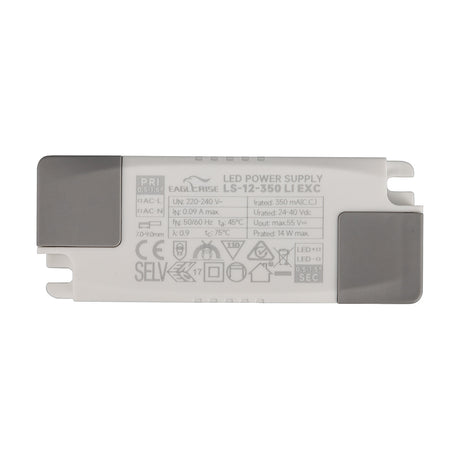 Sunset 14W LED Driver, white rectangular power supply unit with grey end caps, mounting slots, and printed specification labels, shown on a plain white background.