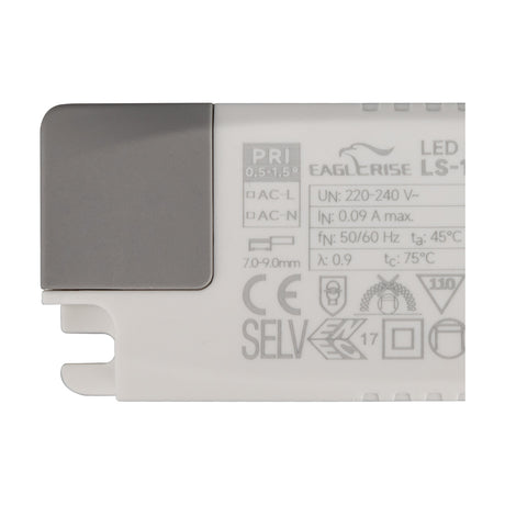 Close-up of the Sunset 14W LED Driver in white, showing printed specifications, CE and SELV markings, and a grey terminal cover with cable entry slots.