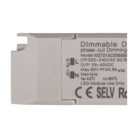 Close-up of the Sunset 14W LED Driver in white, showing terminal markings, dimmable phase-cut label and specification text on a rectangular plastic casing.