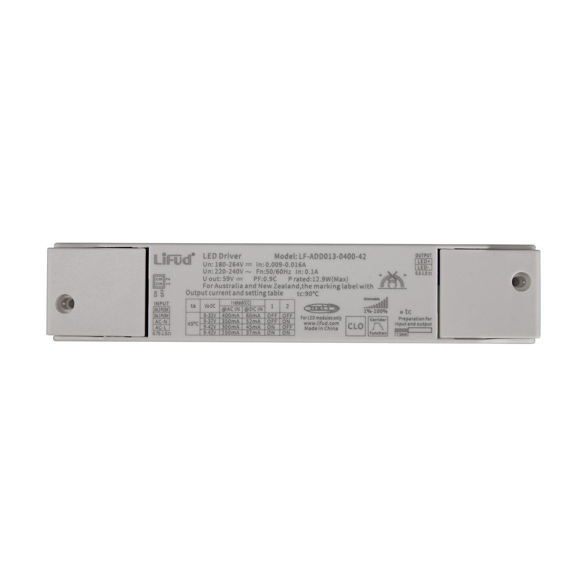 Sunset Driver 15W 14cm LED driver in white, a rectangular constant current unit with printed specifications and dual mounting brackets, shown on a plain white background.