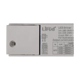 Sunset Driver 15W 14cm LED driver in white, close-up of the flat casing showing DIP switches, input terminal labels, and printed output specifications.
