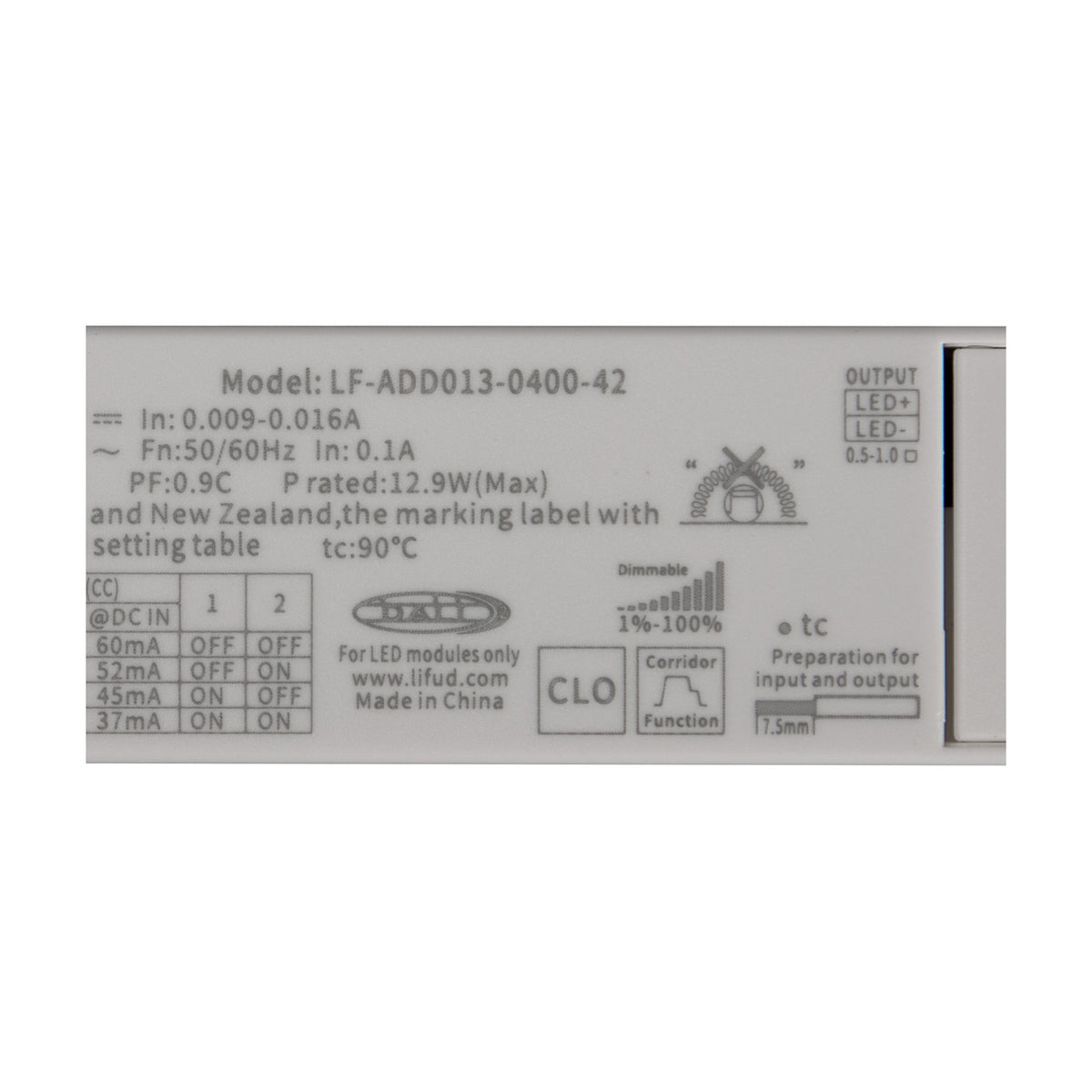 Sunset Driver 15W 14cm LED driver label, white flat disc unit showing model, output, dimming, and CLO specification details on a light background.