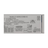 Sunset Driver 15W 14cm LED driver label, white flat disc unit showing model, output, dimming, and CLO specification details on a light background.