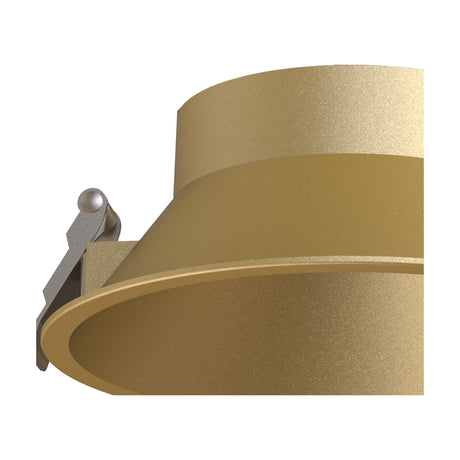 Close-up of the Sunset Downlight 16.5cm in gold, showing the deep cylindrical aluminium body, round trim, and spring clip fitting on a plain white background.