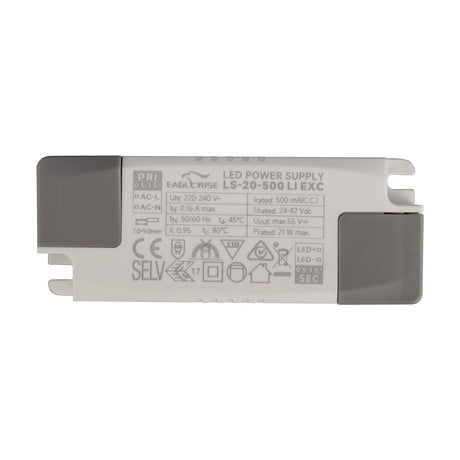 Sunset 21W LED Driver, a rectangular white power supply unit with printed specification labels and mounting tabs, shown on a plain white background.