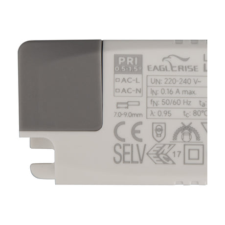 Close-up of the Sunset 21W LED Driver in white, showing printed specifications including 220-240V input, 0.16A, SELV, and CE and ENEC certification marks.