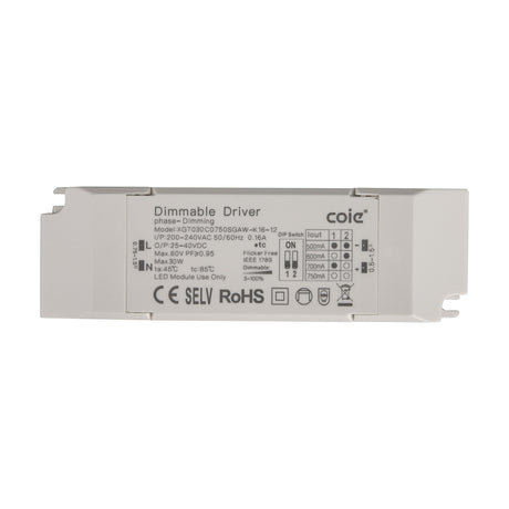 Sunset 30W LED Driver, rectangular white dimmable unit with printed specifications and DIP switch settings, shown on a plain background.