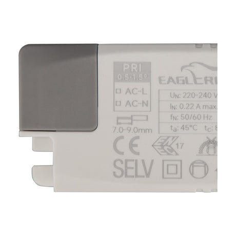 Close-up of the Sunset 31.5W LED Driver in white, showing terminal markings, CE and ENEC symbols, and connection details on the casing.