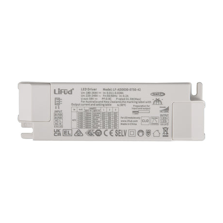 Sunset 31.5W LED Driver 14.5cm in white, rectangular plastic casing with printed specification label, input/output terminals and dimming markings, shown on a plain white background.