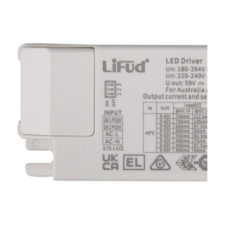 Close-up of the Sunset 31.5W LED Driver in white, showing DIP switch, input terminal labels, output current table, and UKCA and CE markings.
