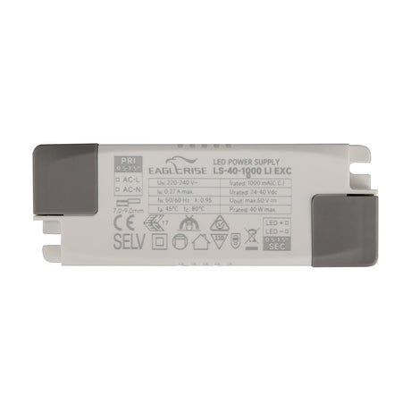 Sunset 40W LED Driver in white casing, rectangular with rounded corners, showing wiring terminals and printed specification labels on a plain white background.
