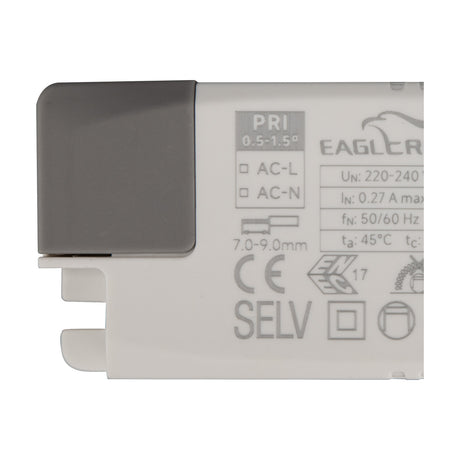 Close-up of the Sunset 40W LED Driver in white casing, showing printed specification labels, CE and SELV markings, and terminal connectors.