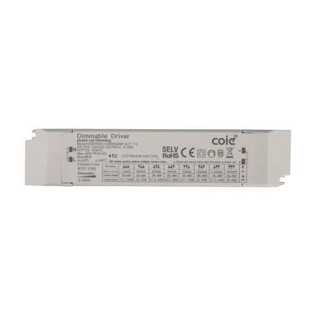 Sunset 48W LED Driver, rectangular white dimmable phase-cut unit with DIP switch settings table and terminal connectors, shown on a plain white background.