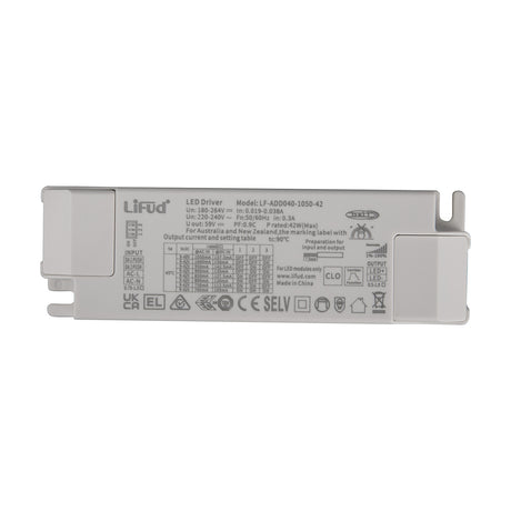 Sunset 42W LED Driver, rectangular white plastic casing with mounting brackets, printed specifications and wiring terminals, shown on a plain white background.