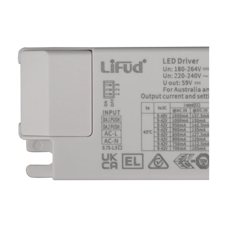 Sunset 42W LED Driver, close-up of white casing showing Lifud label, DIP switch, input terminals, and output current settings table.