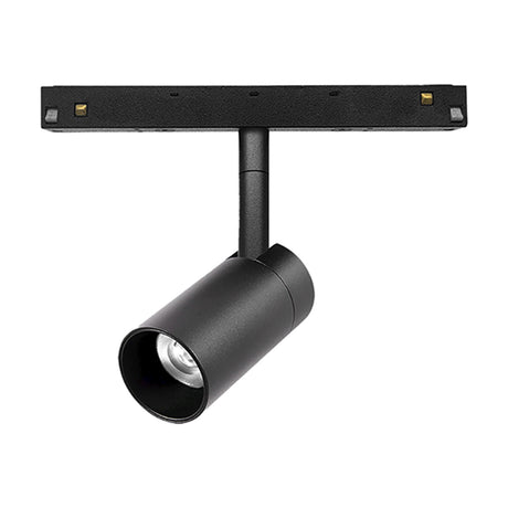 Magneto 7W Track Light, black cylindrical spotlight head with adjustable arm on a magnetic track bar, 43mm, 4000K cool white LED, shown on a plain white background.