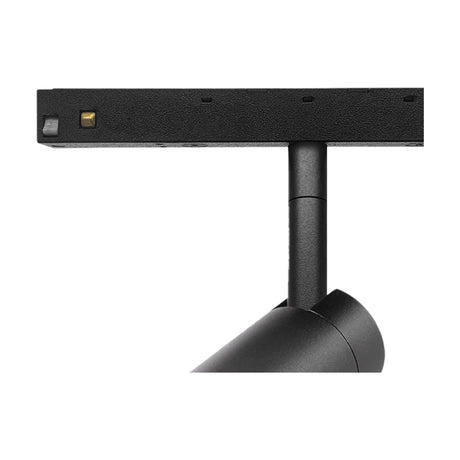 Magneto 7W Track Light in black, 43mm cylindrical head with integrated LED, 4000K cool white, shown mounted on a magnetic track connector against a plain white background.