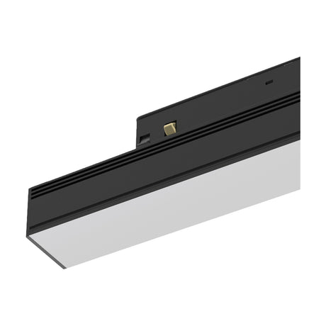 Magneto 8W Linear Track Light, a slim black aluminium bar fixture with a white diffuser panel and brass connector fitting, shown at an angle on a plain white background.