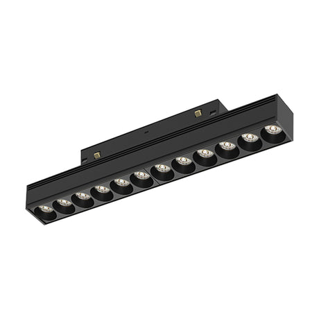 Magneto 12W Linear Track Light in black aluminium, 25cm bar with 12 integrated LED spotlights and magnetic track mount, shown on a plain white background.
