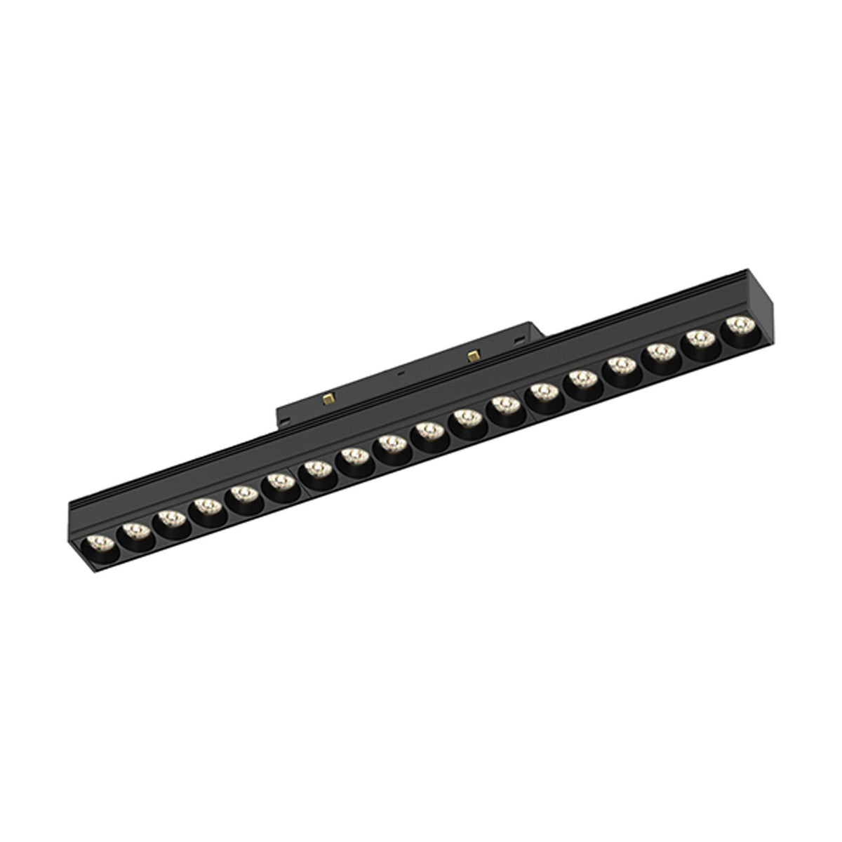 Magneto 18W Linear Track Light, a black aluminium bar with 18 recessed LED lenses along its length and a magnetic track connector, shown on a plain white background.