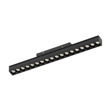 Magneto 18W Linear Track Light, a black aluminium bar with 18 recessed LED lenses along its length and a magnetic track connector, shown on a plain white background.