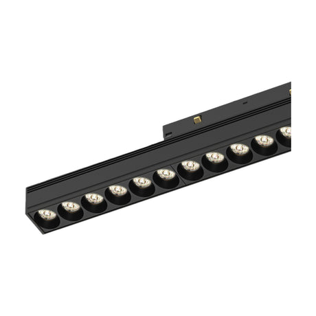 Magneto 18W Linear Track Light in black, a slim aluminium bar with 11 integrated COB LED spotlights and a visible connector plug, shown on a plain white background.