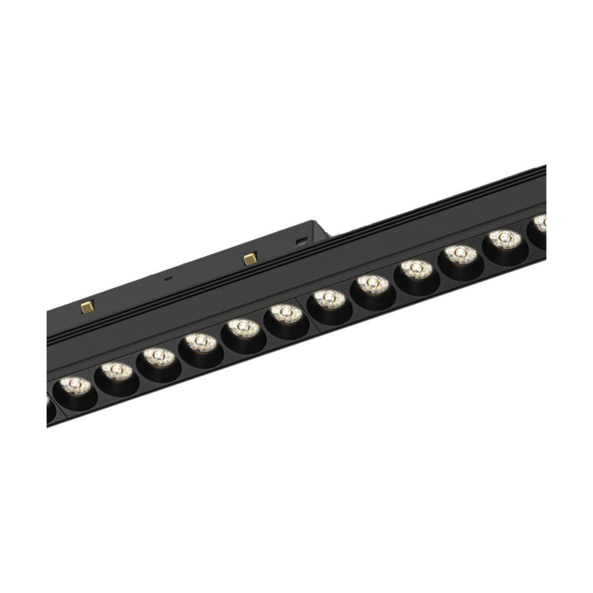 Magneto 18W Linear Track Light in black aluminium, close-up angled view showing the row of round LED lenses along the narrow bar with magnetic connector pins, 4000K, on a plain white background.