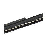 Magneto 18W Linear Track Light in black aluminium, close-up angled view showing the row of round LED lenses along the narrow bar with magnetic connector pins, 4000K, on a plain white background.